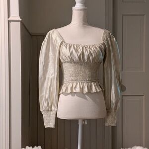 KLUTCH Cream Shimmer Smocked Peplum Blouse Puff Sleeve Size S NWT